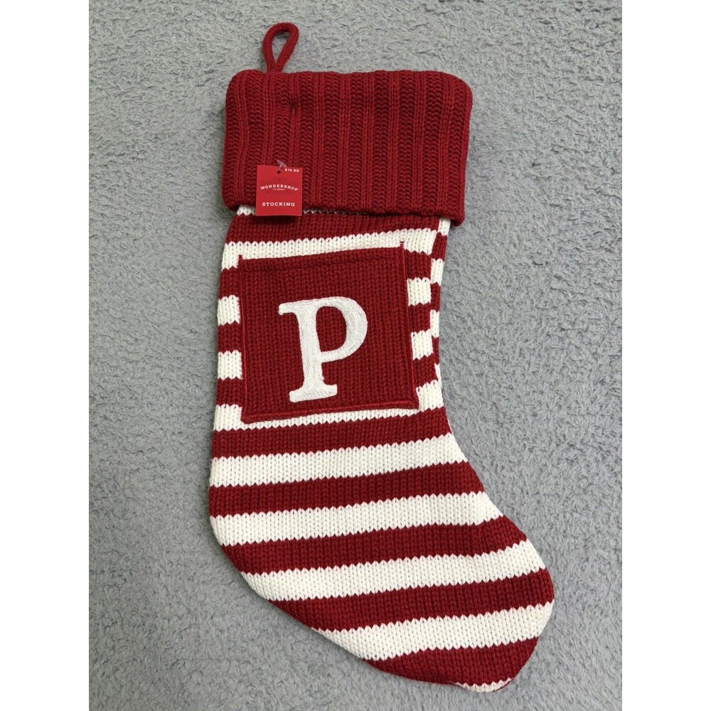Target Wondershop Initial P Christmas Stocking Red White Stripe Monogram Pocket
